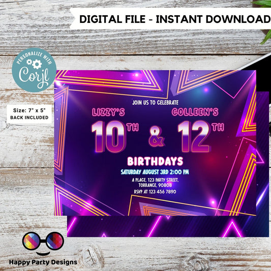 EDITABLE neon Sibling birthday invitations | any age! double birthday invitations | sibling party invitations | double party | girls #K186