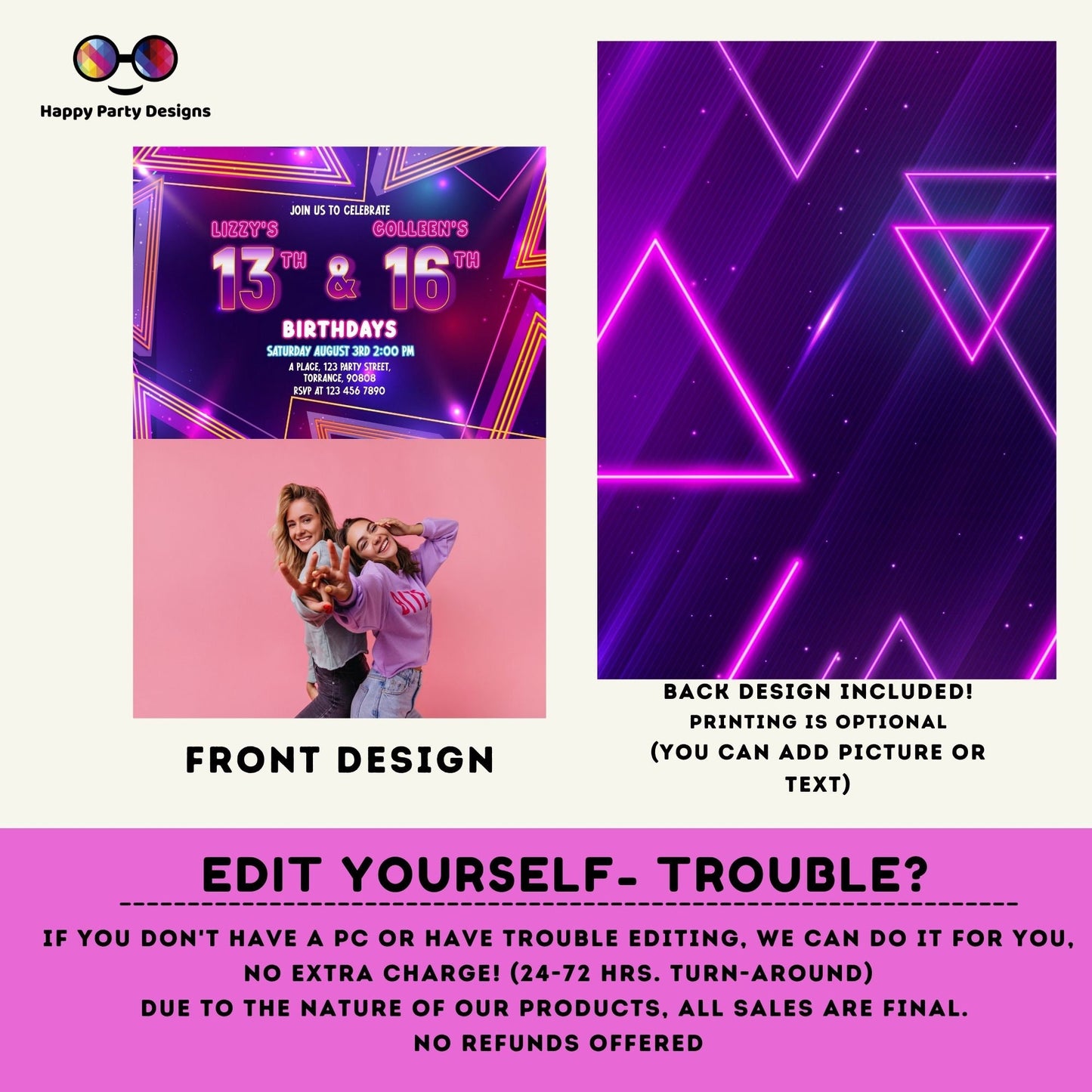 EDITABLE neon Sibling birthday invitations with photo | any age! double birthday | sibling party invitations | double party | girls #K186