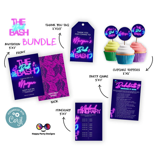 Tropical Neon Bachelorette Editable Party Invitation Bundle | Bridal Party Invitation Template | Bachelorette Invite | Neon Palm leaves #W5