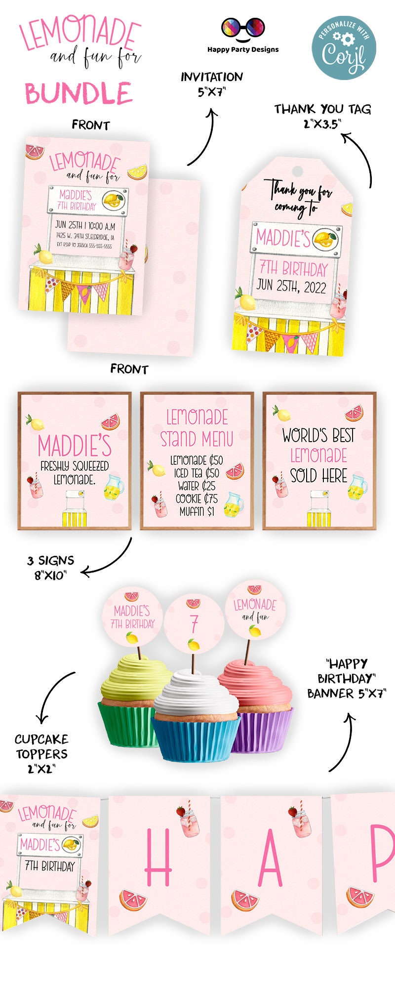 Lemonade Invitation bundle | lemonade Invite | Lemonade Party Invitation | Garden Invite | Lemonade Stand Invitation Girl birthday  #K100