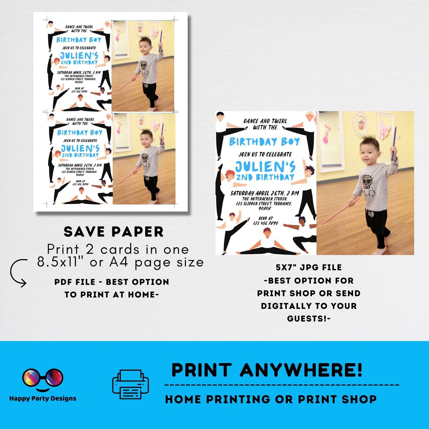 Ballet boy Birthday invitation with photo | boy dancer printable | Birthday boy | Birthday Invitation Ballet | Boy Party Invite #K219