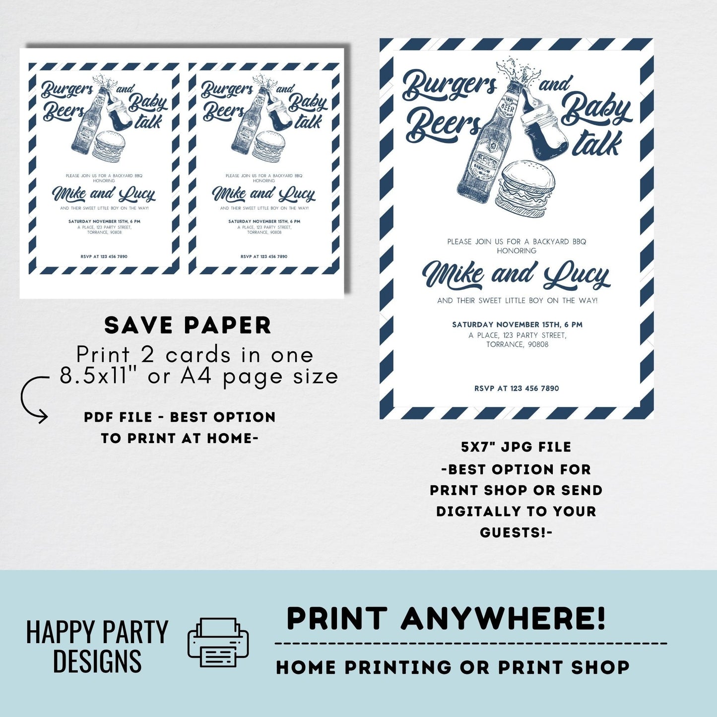 Editable Burgers Beers and Baby talk invitation | Baby Shower Invitation | Co-ed Baby Shower | BabyQ | Barbeque | beer | drinks #B42