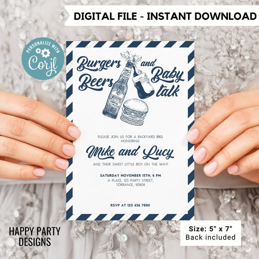Editable Burgers Beers and Baby talk invitation | Baby Shower Invitation | Co-ed Baby Shower | BabyQ | Barbeque | beer | drinks #B42