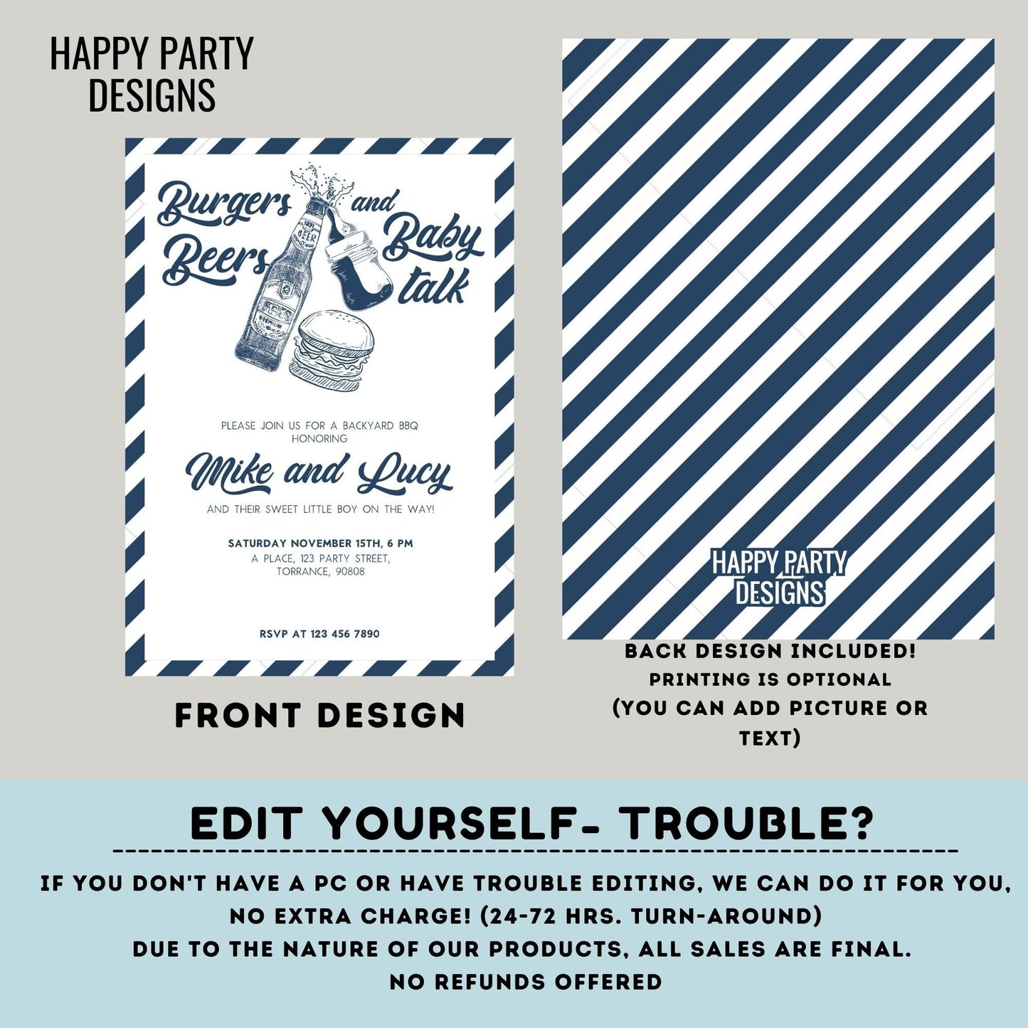 Editable Burgers Beers and Baby talk invitation | Baby Shower Invitation | Co-ed Baby Shower | BabyQ | Barbeque | beer | drinks #B42