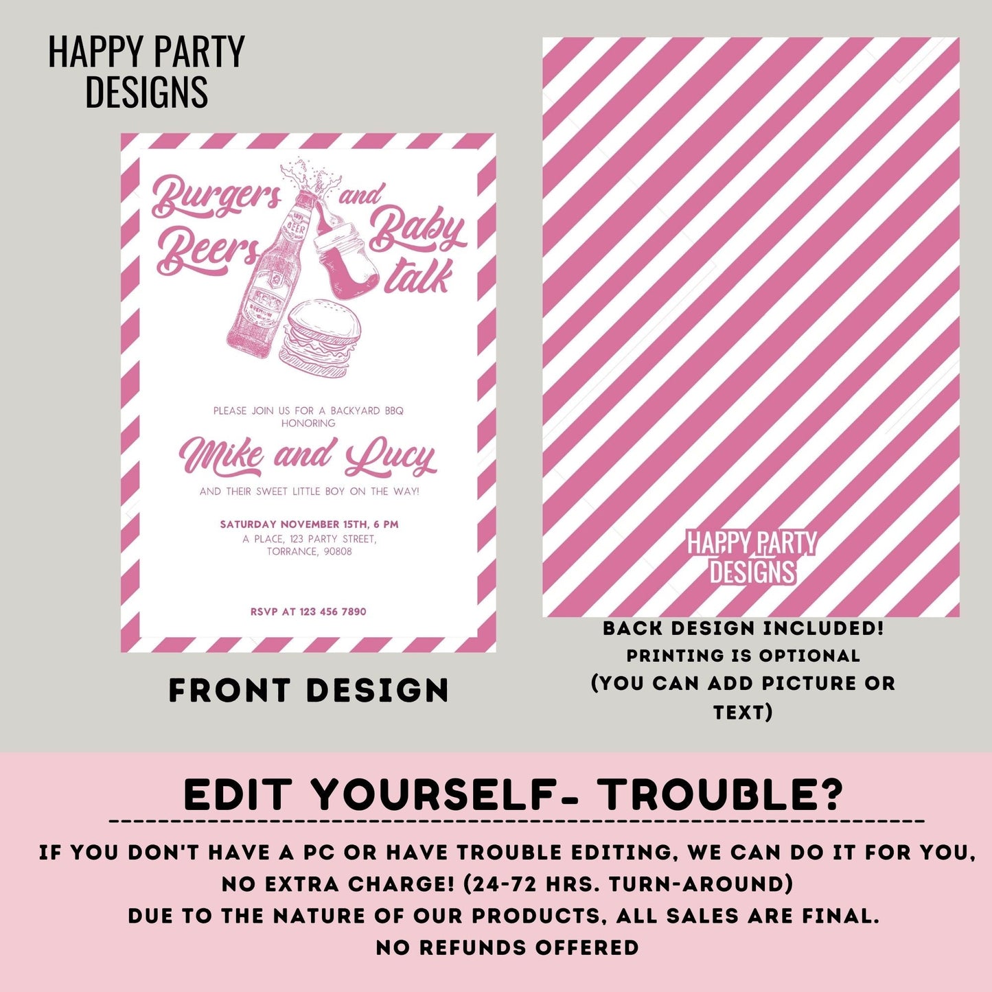 Editable Burgers Beers and Baby talk invitation | Baby girl Shower Invitation | Co-ed Baby Shower | BabyQ | Barbeque | beer | drinks #B42