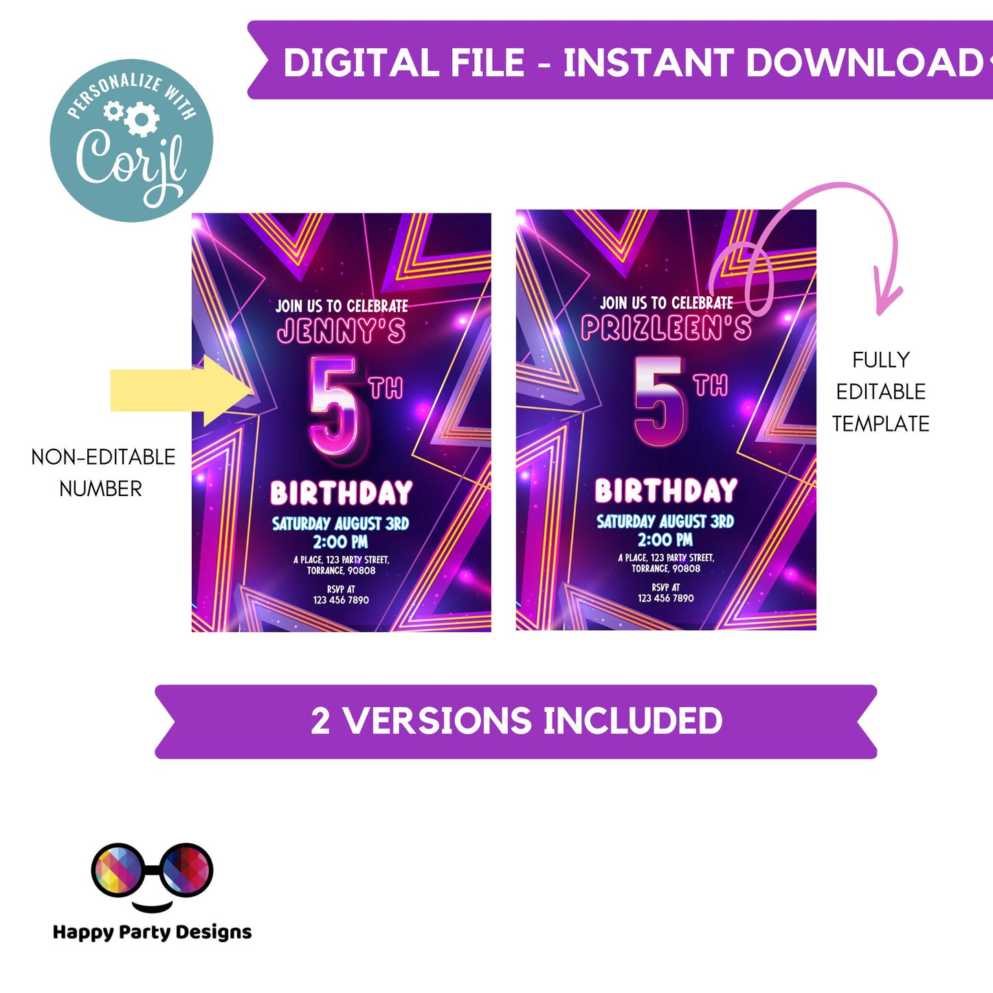 EDITABLE girl 5th birthday invitation | Neon Glow in the dark Party | Birthday girl | 5th pink and purple Birthday #K186