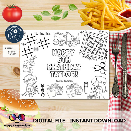 Editable Science coloring page | Mad scientist coloring page | Science party coloring page | Science kids birthday party | Any Age #K124