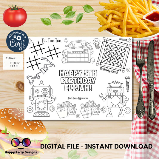 Editable Robots Birthday coloring page | Placemat coloring page | Any Age | Robots birthday Party Activity | Robots bag filler #K163
