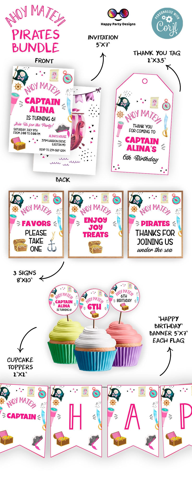 Pirate Invitation Bundle  Pirate Birthday Party | Pirate Invite | Pirate Ship Party Invite | Girl birthday | any age | editable Corjl #K108