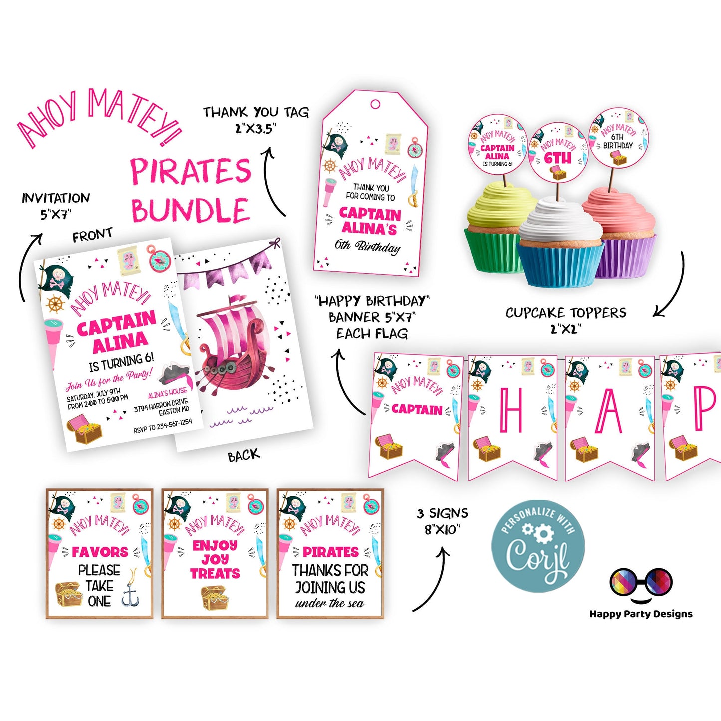 Pirate Invitation Bundle  Pirate Birthday Party | Pirate Invite | Pirate Ship Party Invite | Girl birthday | any age | editable Corjl #K108