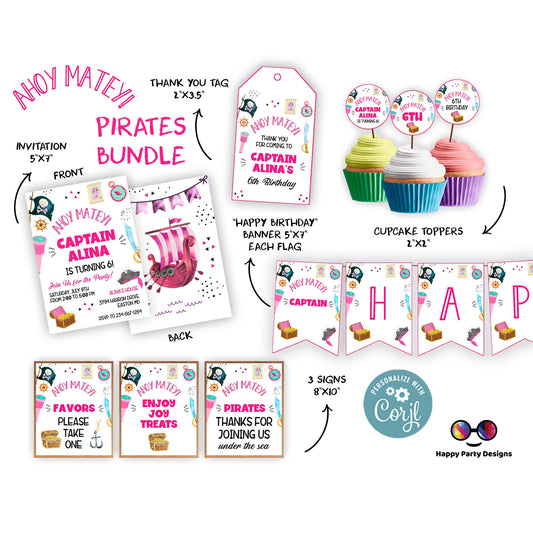 Pirate Invitation Bundle  Pirate Birthday Party | Pirate Invite | Pirate Ship Party Invite | Girl birthday | any age | editable Corjl #K108