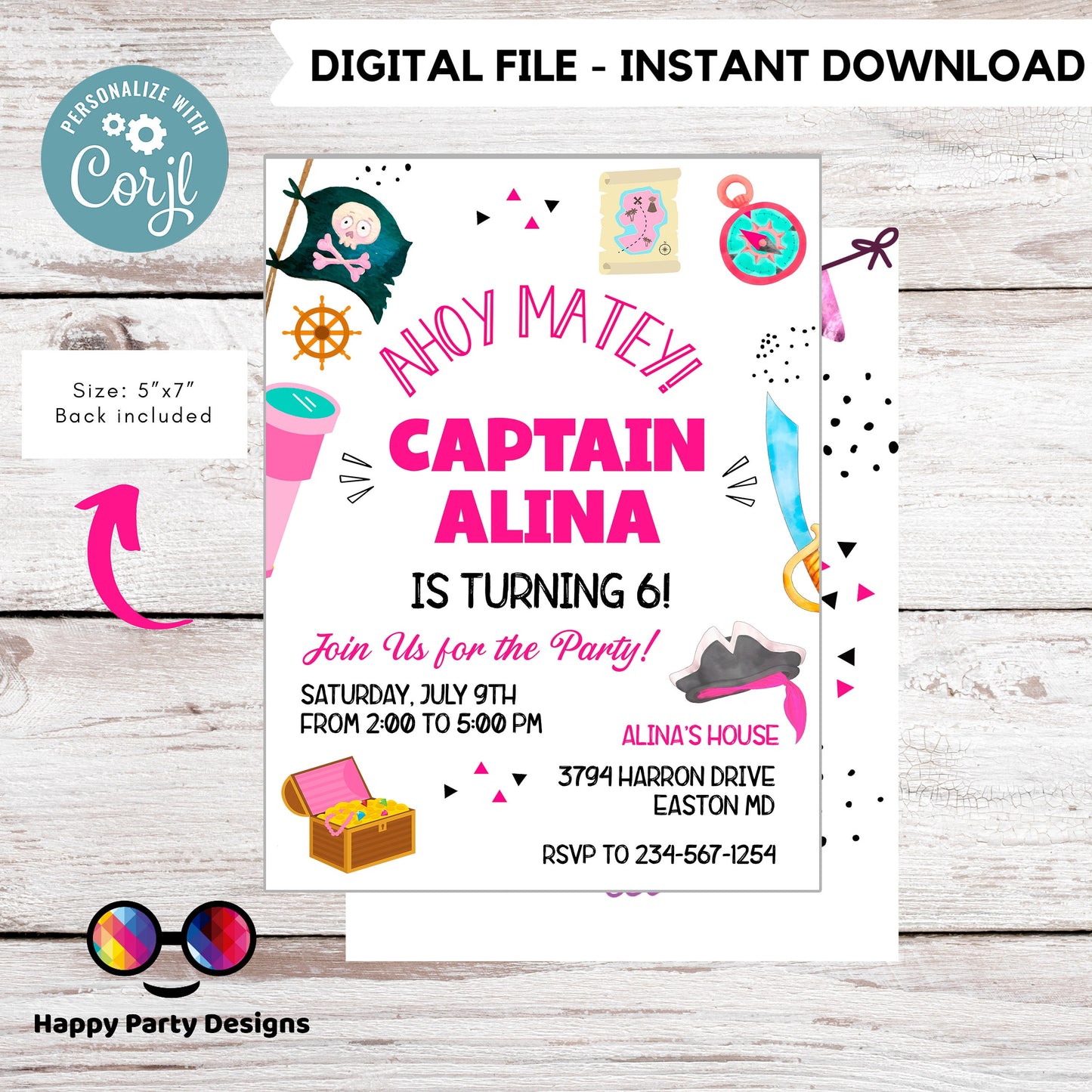 Pirate Invitation Bundle  Pirate Birthday Party | Pirate Invite | Pirate Ship Party Invite | Girl birthday | any age | editable Corjl #K108