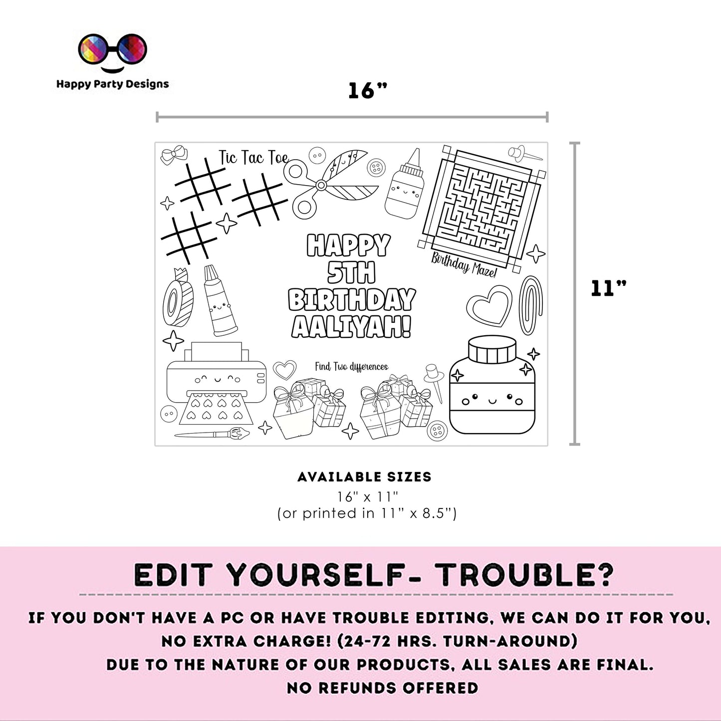 Editable Arts and Crafts  Birthday coloring page | Placemat coloring page | Any Age | Crafty birthday Party Activity |  bag filler #K162