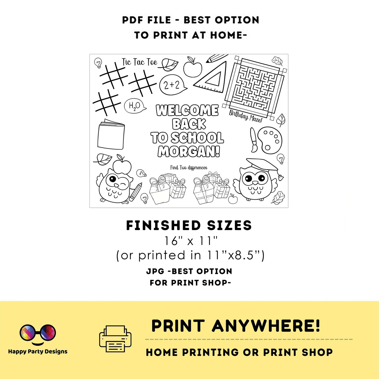 Editable first  day of school coloring page | Placemat coloring page | Any Age | Owls | welcome back to school activity placemat