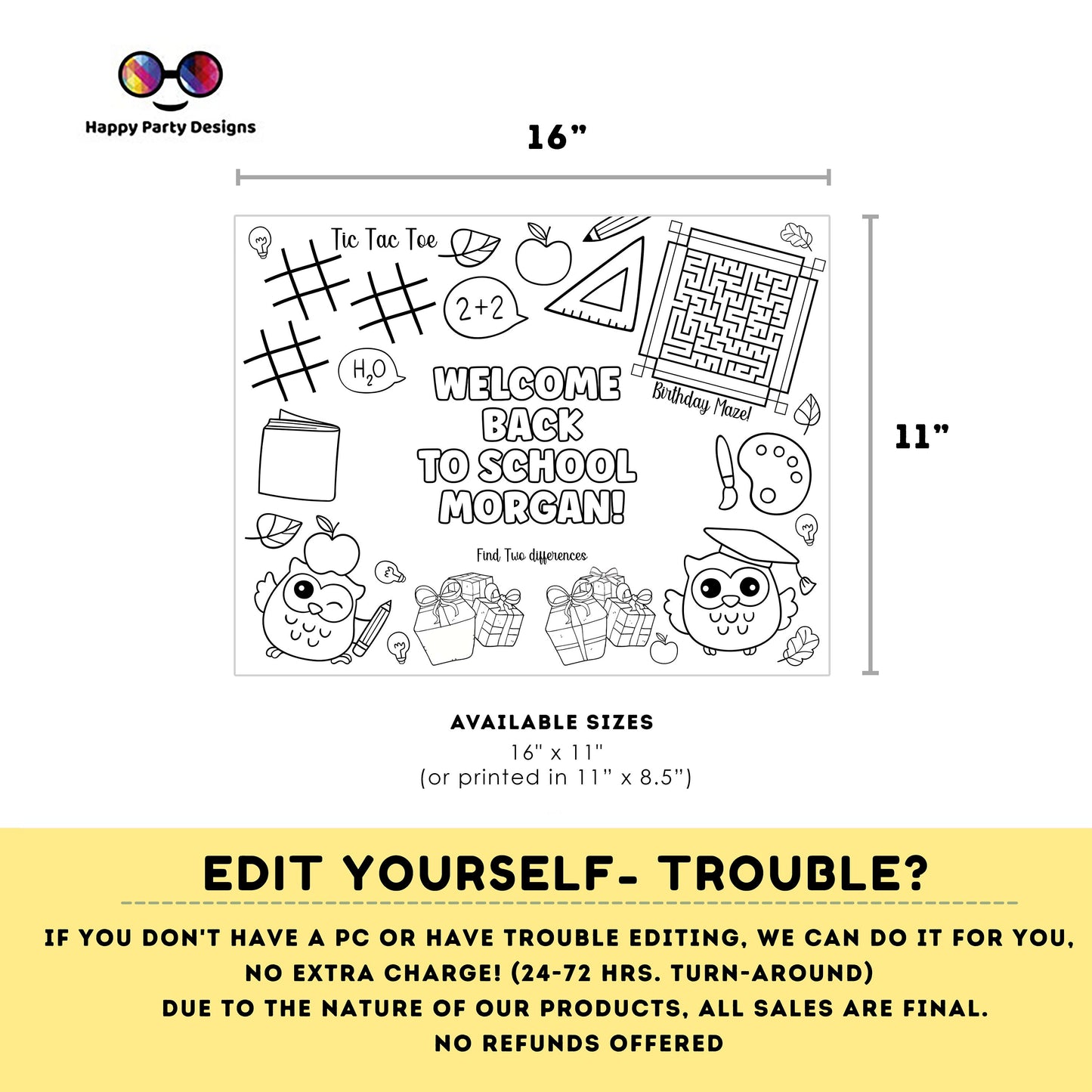 Editable first  day of school coloring page | Placemat coloring page | Any Age | Owls | welcome back to school activity placemat