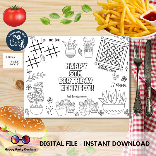Editable plants Birthday coloring page | Placemat coloring page | Any Age | Succulents and cactus coloring page activity | bag filler #K154