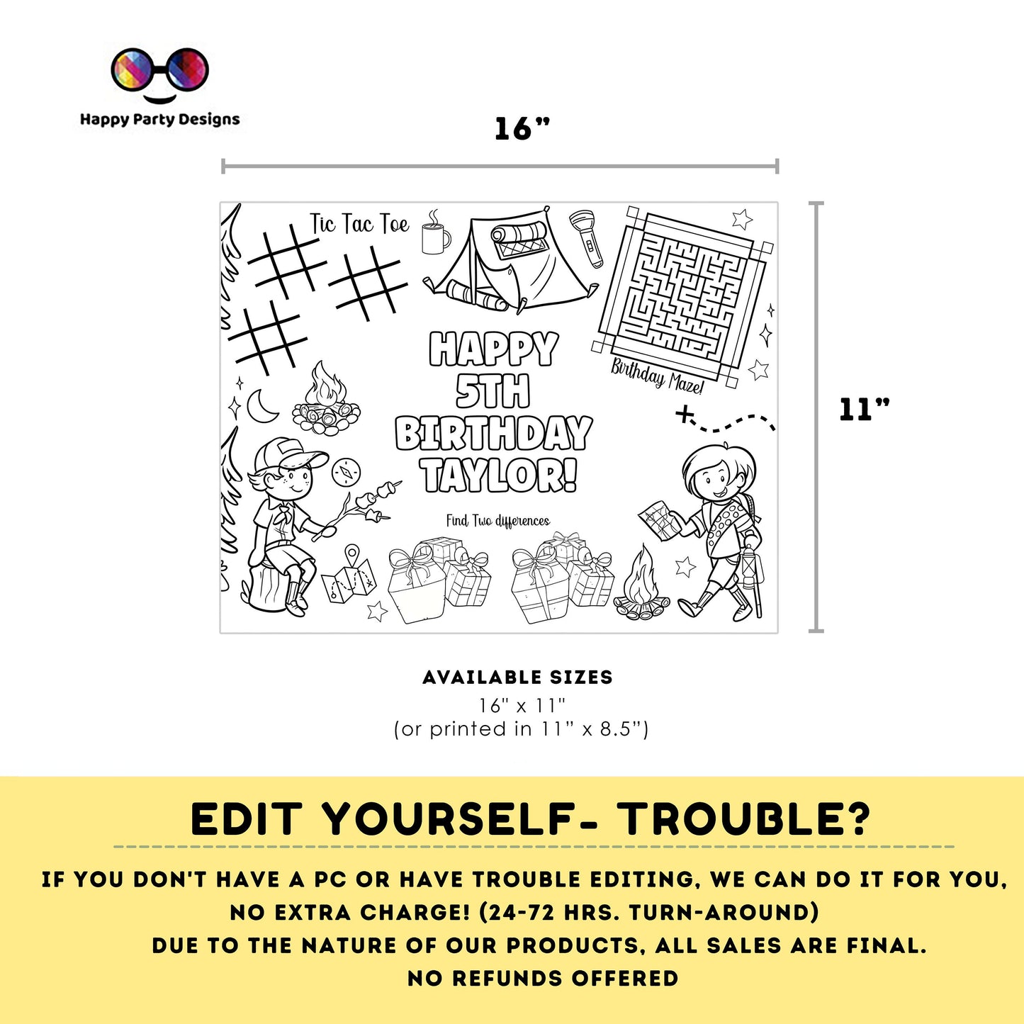 Editable Camping Birthday coloring page | Placemat activity page | Any Age | Camping birthday  Happy Camper Party Activity | bag filler #K95