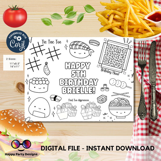 Editable Sushi coloring page | Placemat coloring page with games | Any Age | Cute Sushi  birthday | Cute Sushi  Party Activity |  #K91