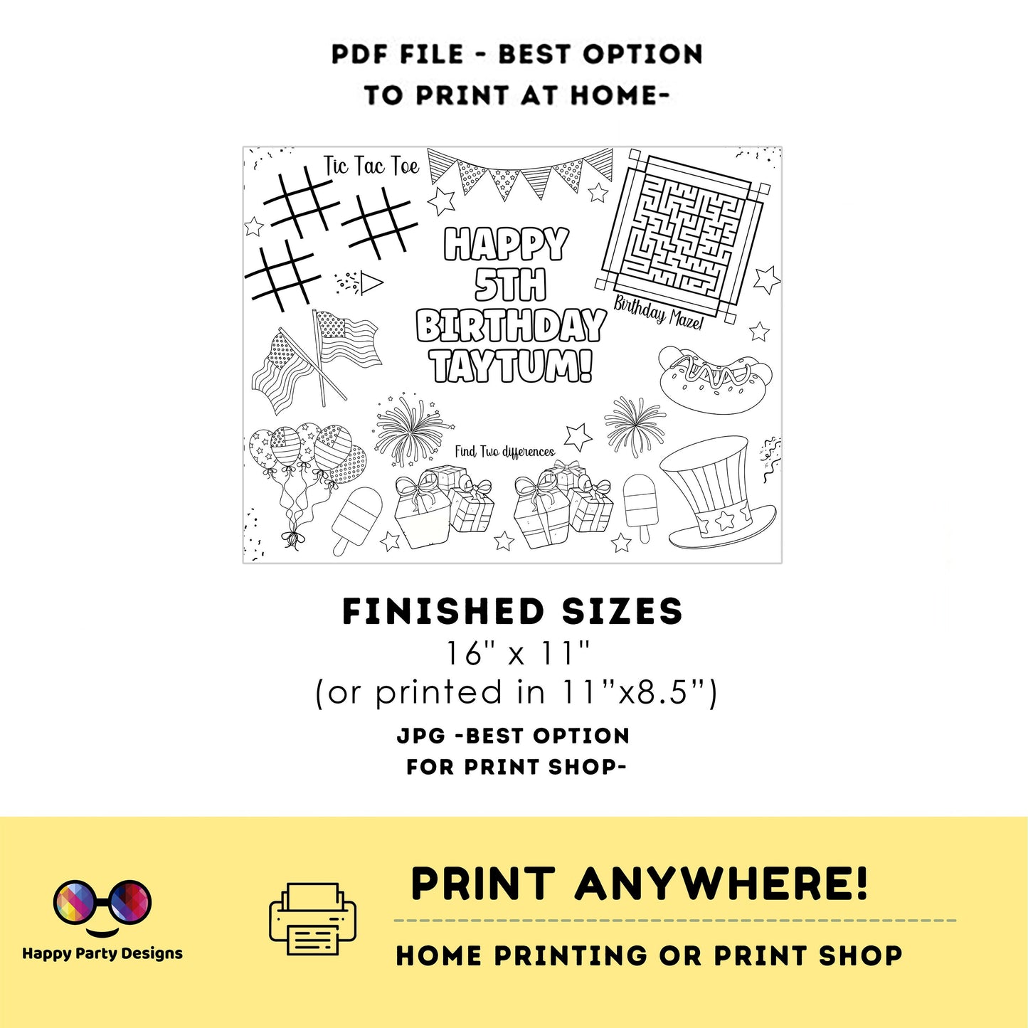 Editable 4th July coloring page | 4th July Placemat coloring page | Any Age | Independence Day Party Activity | Activity games |  #K90