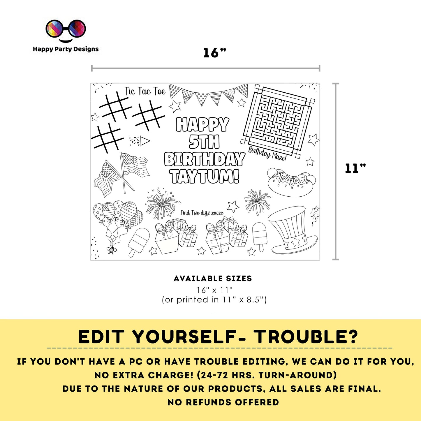 Editable 4th July coloring page | 4th July Placemat coloring page | Any Age | Independence Day Party Activity | Activity games |  #K90