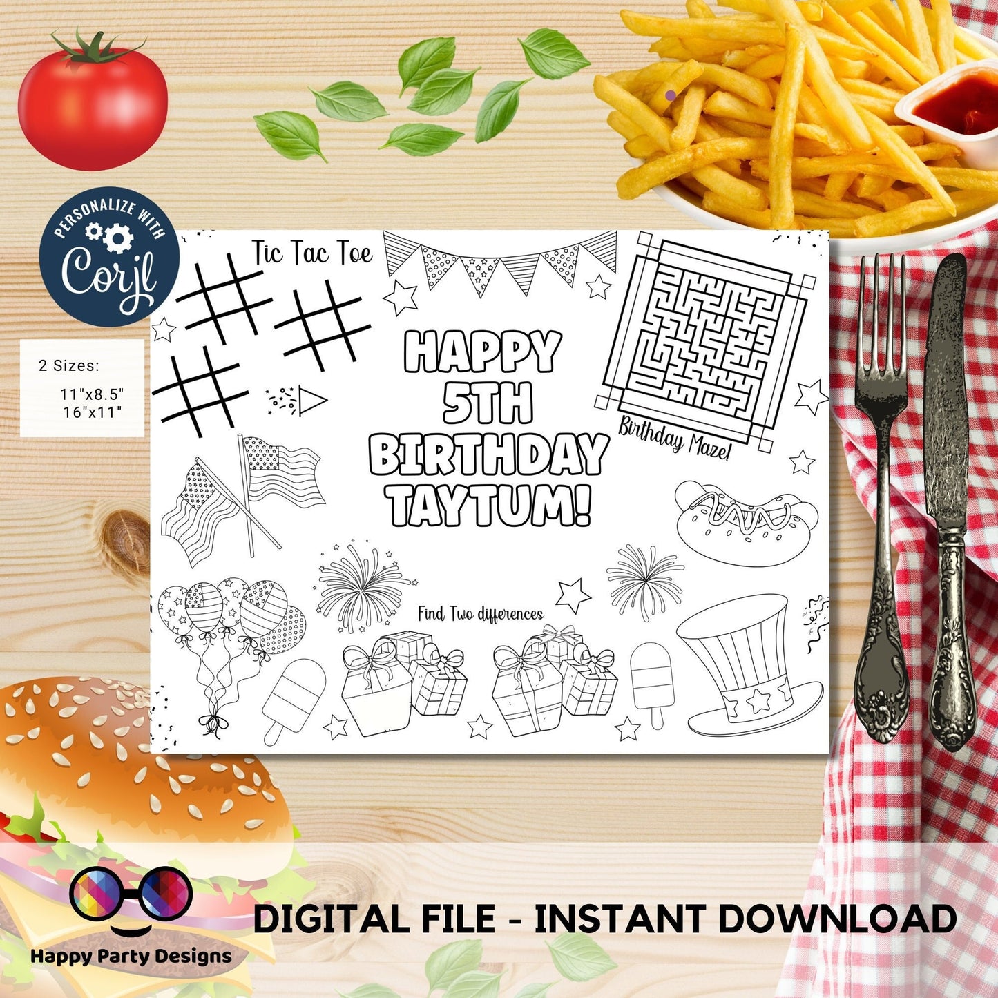 Editable 4th July coloring page | 4th July Placemat coloring page | Any Age | Independence Day Party Activity | Activity games |  #K90
