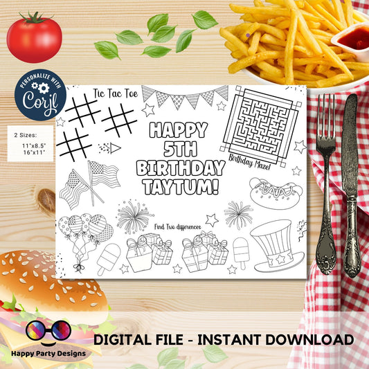 Editable 4th July coloring page | 4th July Placemat coloring page | Any Age | Independence Day Party Activity | Activity games |  #K90