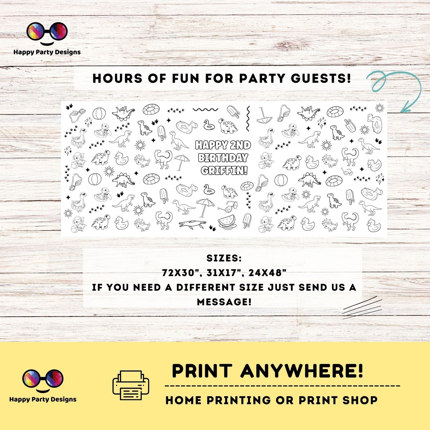 Dinosaur XL coloring Table Runner  | Editable table runner coloring page | Dino pool party | Cute Sloth | Dinosaur party table runner #K83