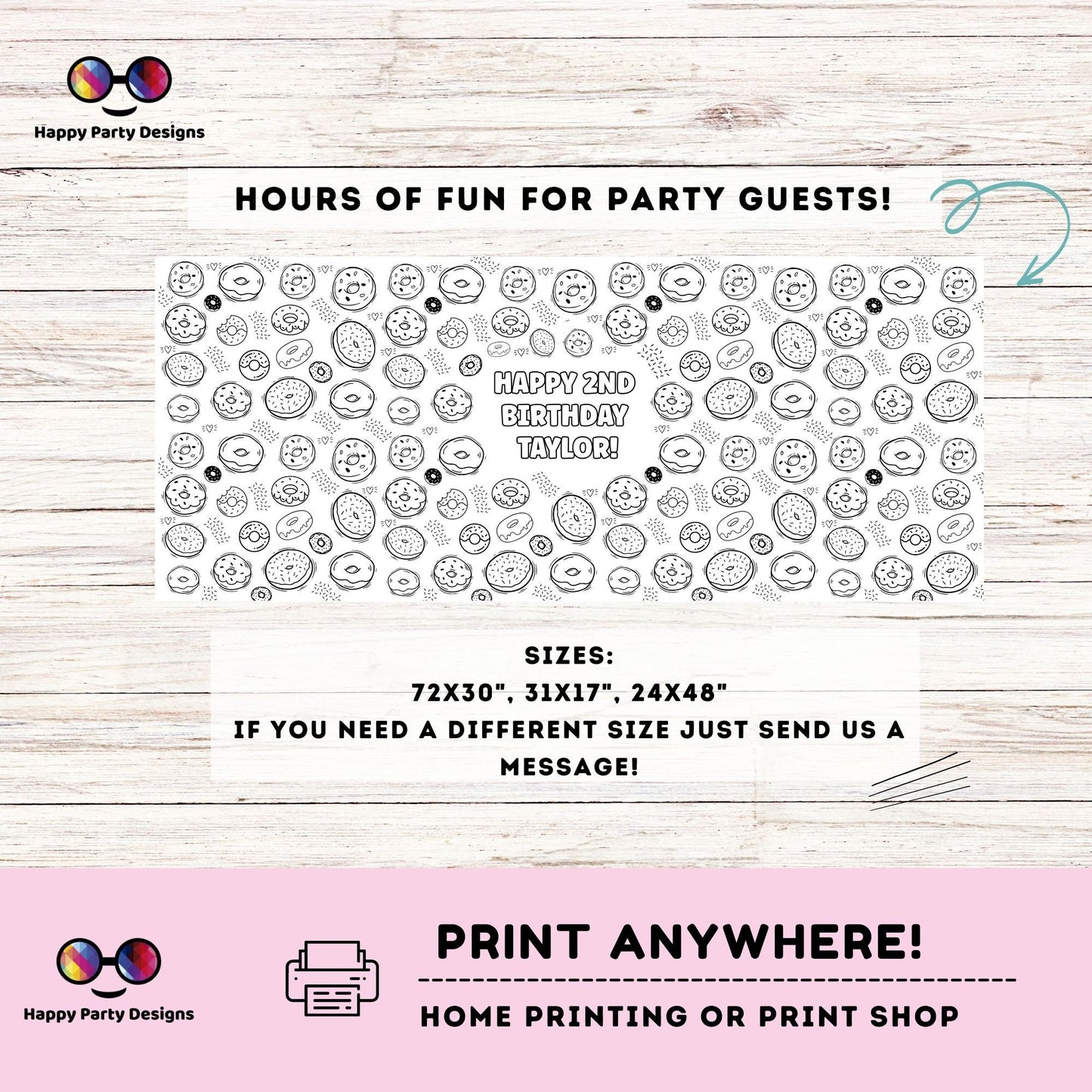Donuts XL Table Runner | Editable table runner coloring page | Any Age | Donut party | Cute donut party  | funny donut table runner #K34