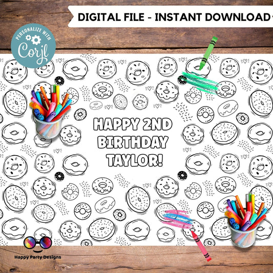 Donuts XL Table Runner | Editable table runner coloring page | Any Age | Donut party | Cute donut party  | funny donut table runner #K34