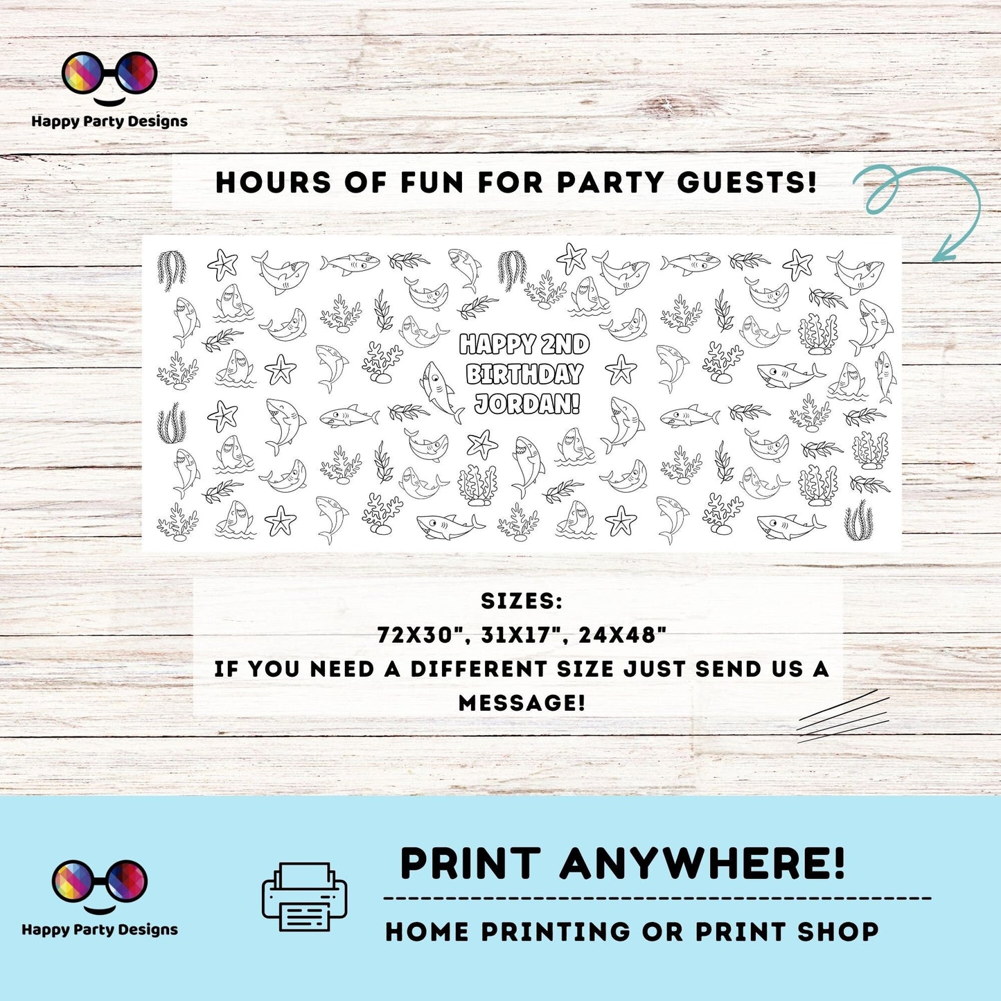 Shark XL Table Runner | Editable table runner coloring page | Any Age | shark party | Cute Sloth | funny shark party table runner #K52