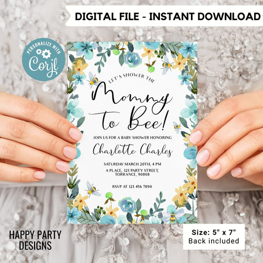 Mommy to be Shower Invitation Template | Editable Baby Shower | Baby boy Invitation | Floral Printable Invitation | Blue flowers  #B43