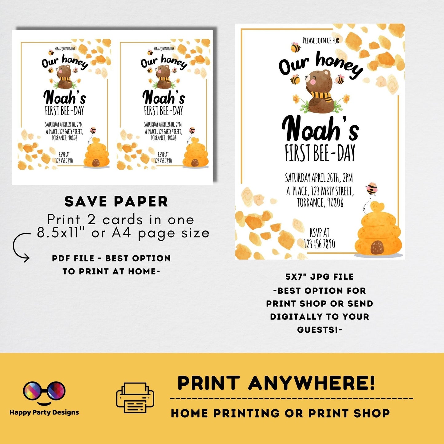 Our honey 1st Bee-Day party invitation template | First Birthday | bee neutral birthday invitation | bee birthday party invitation #K221