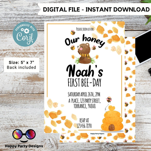 Our honey 1st Bee-Day party invitation template | First Birthday | bee neutral birthday invitation | bee birthday party invitation #K221
