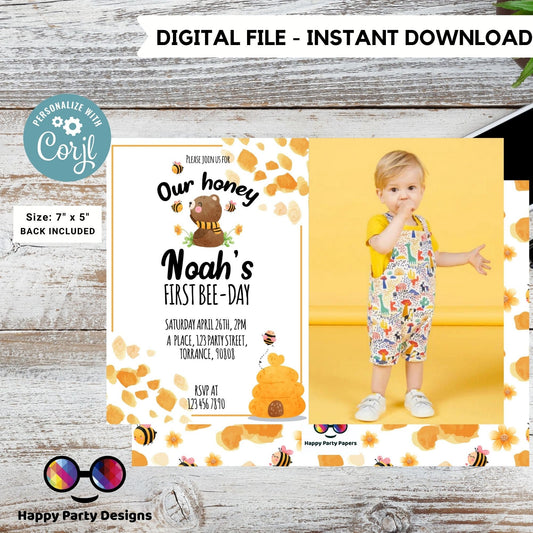 Our honey 1st Bee-Day party invitation template with photo | First Birthday | bee neutral birthday invitation | bee birthday party #K221