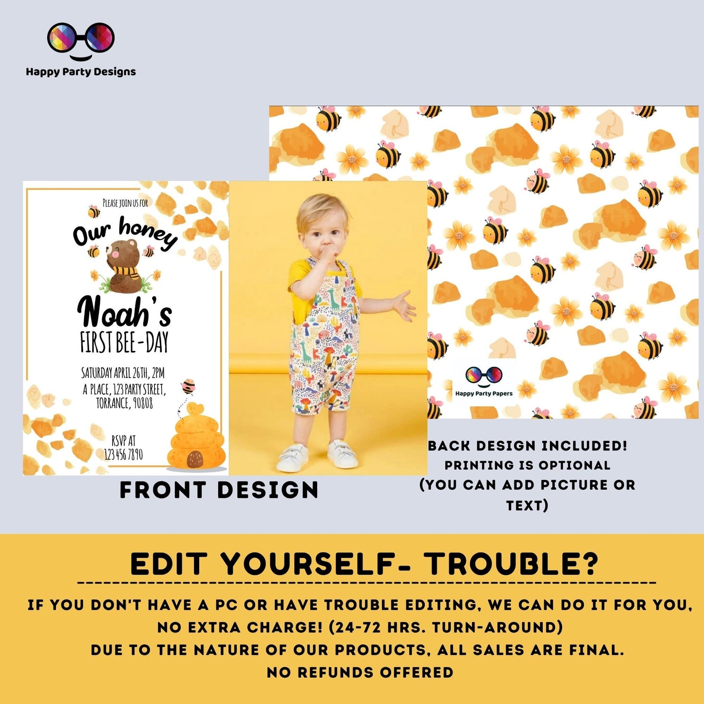 Our honey 1st Bee-Day party invitation template with photo | First Birthday | bee neutral birthday invitation | bee birthday party #K221