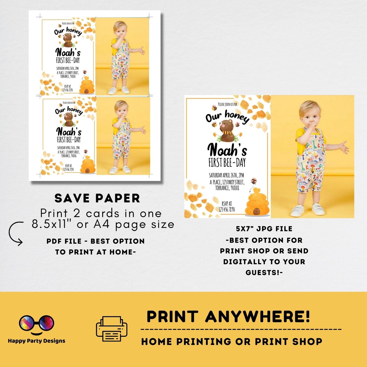 Our honey 1st Bee-Day party invitation template with photo | First Birthday | bee neutral birthday invitation | bee birthday party #K221