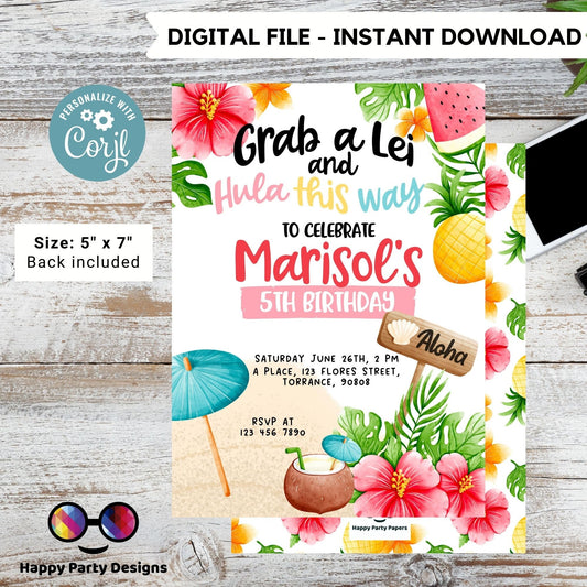 Editable Grab a Lei and Hula this way invitation template | Hula Party Invitation | Summer | Any Event! | Beach or Pool Hawaiian party #K222