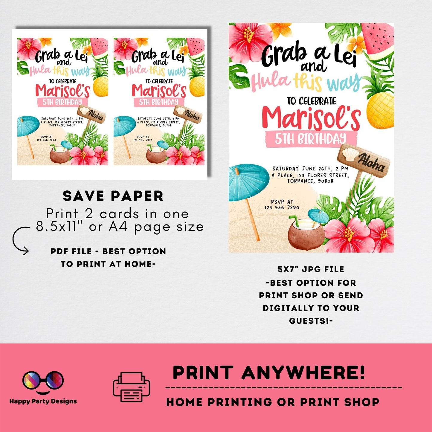 Editable Grab a Lei and Hula this way invitation template | Hula Party Invitation | Summer | Any Event! | Beach or Pool Hawaiian party #K222