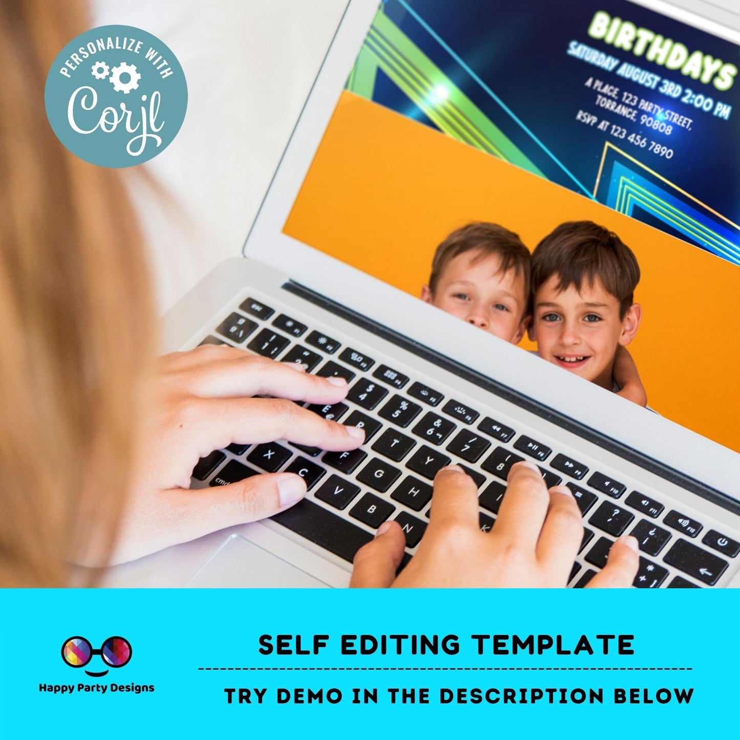 EDITABLE neon Sibling birthday invitations with photo | any age! double birthday invite | sibling party | double party | boys #K185
