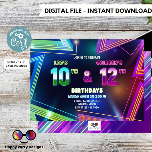 EDITABLE neon Sibling birthday invitations | any age! double birthday invitations | sibling party | double party | boy and girl #K240