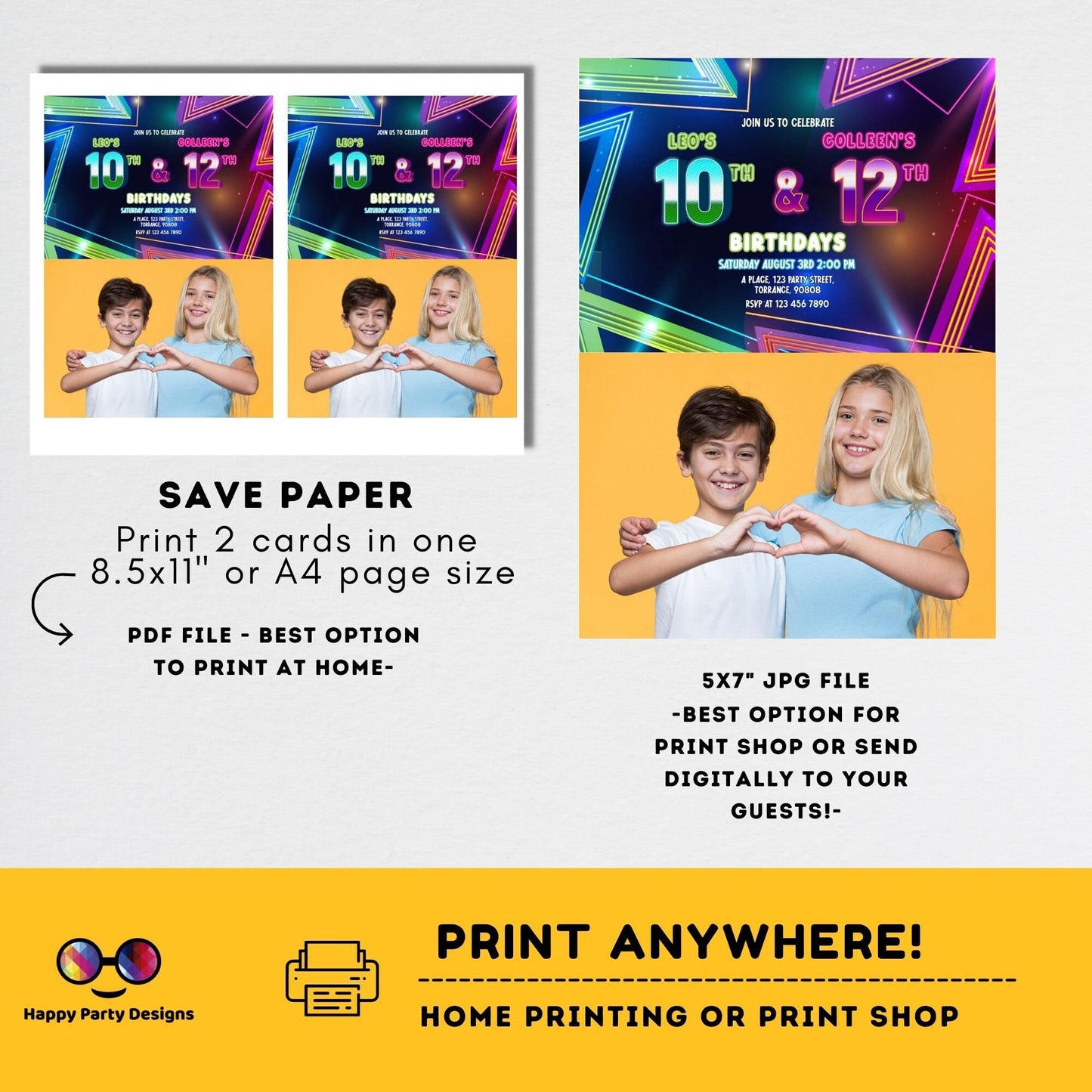 EDITABLE neon Siblings birthday invitations with photo | any age! double birthday | sibling party | double party | boy and girl #K240