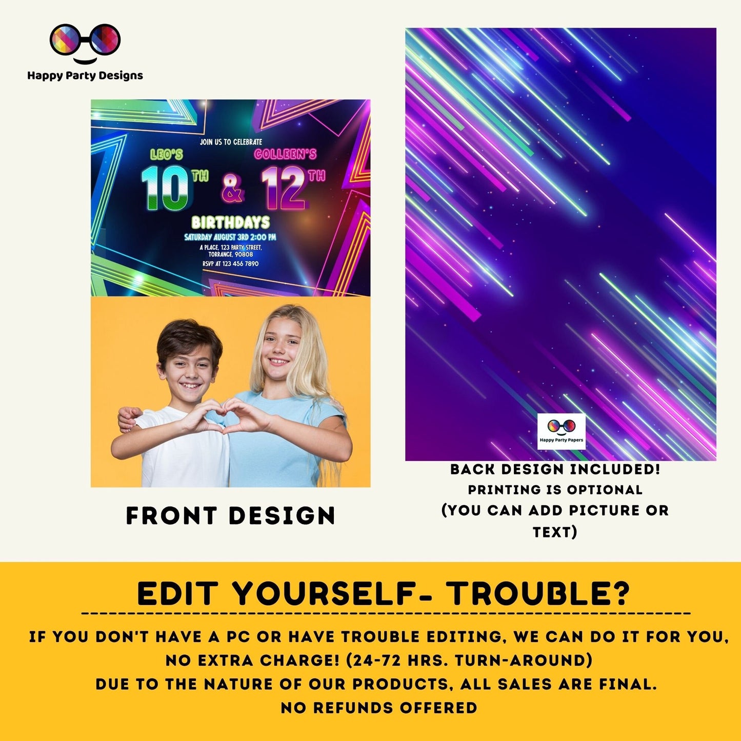 EDITABLE neon Siblings birthday invitations with photo | any age! double birthday | sibling party | double party | boy and girl #K240
