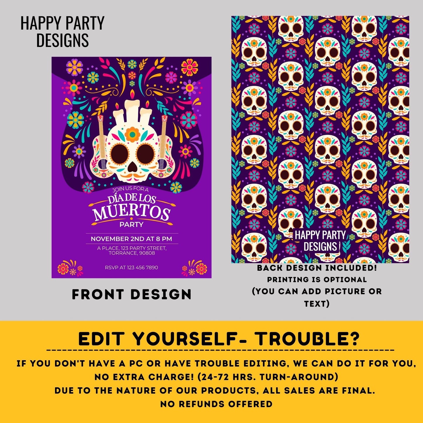 Dia de muertos Party Invitation | Fiesta Sugar Skull Invitation | Dia de los Muertos Invite | Editable Sugar Skull Mexican Invite  #A29