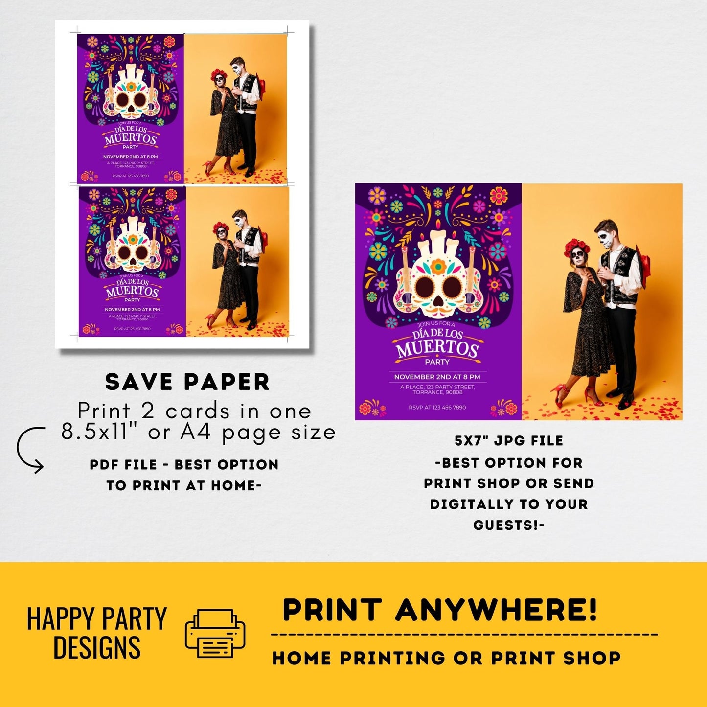 Dia de muertos Party Invitation with photo | Fiesta Sugar Skull Invitation | Dia de los Muertos Invite | Sugar Skull Mexican Invite  #A29
