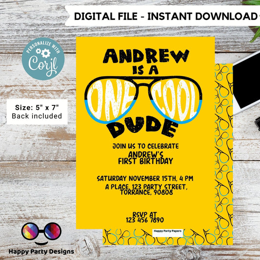 Editable One Cool dude Birthday Invitation | Boy First Birthday Party | Cool Sunglasses | 1st birthday party | Edit Yourself #K223