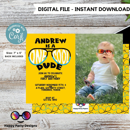 Editable One Cool dude Birthday Invitation with photo | Boy First Birthday Party | Cool Sunglasses | 1st birthday party | to print #K223