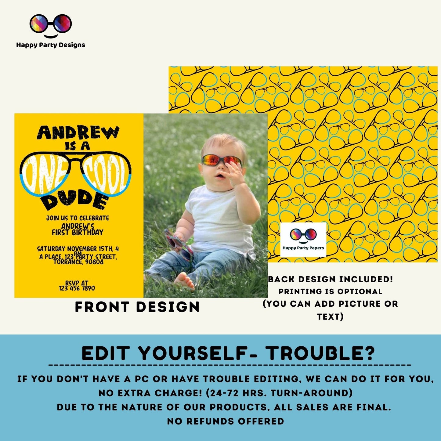 Editable One Cool dude Birthday Invitation with photo | Boy First Birthday Party | Cool Sunglasses | 1st birthday party | to print #K223