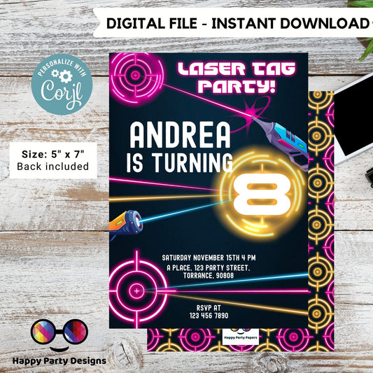 Kids Editable Laser Tag birthday invitation | Printable Birthday laser tag Party Invitations | Any Age | Birthday girl laser party #K241