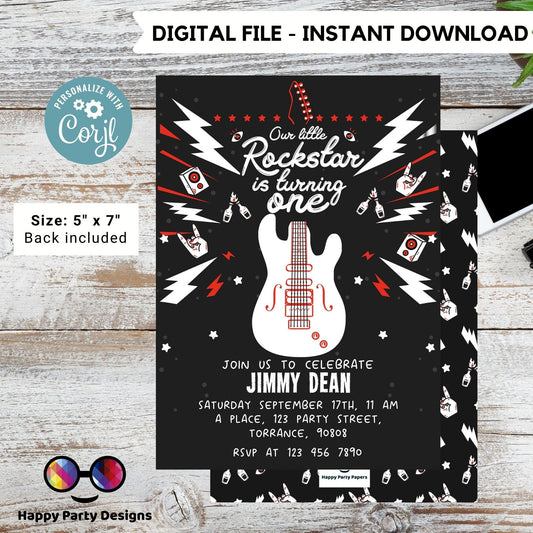 Our little rock star is turning one | Rock 'n roll Birthday Invitation | Rock Star Party Invitation | Rock Guitar Birthday invitation #K262