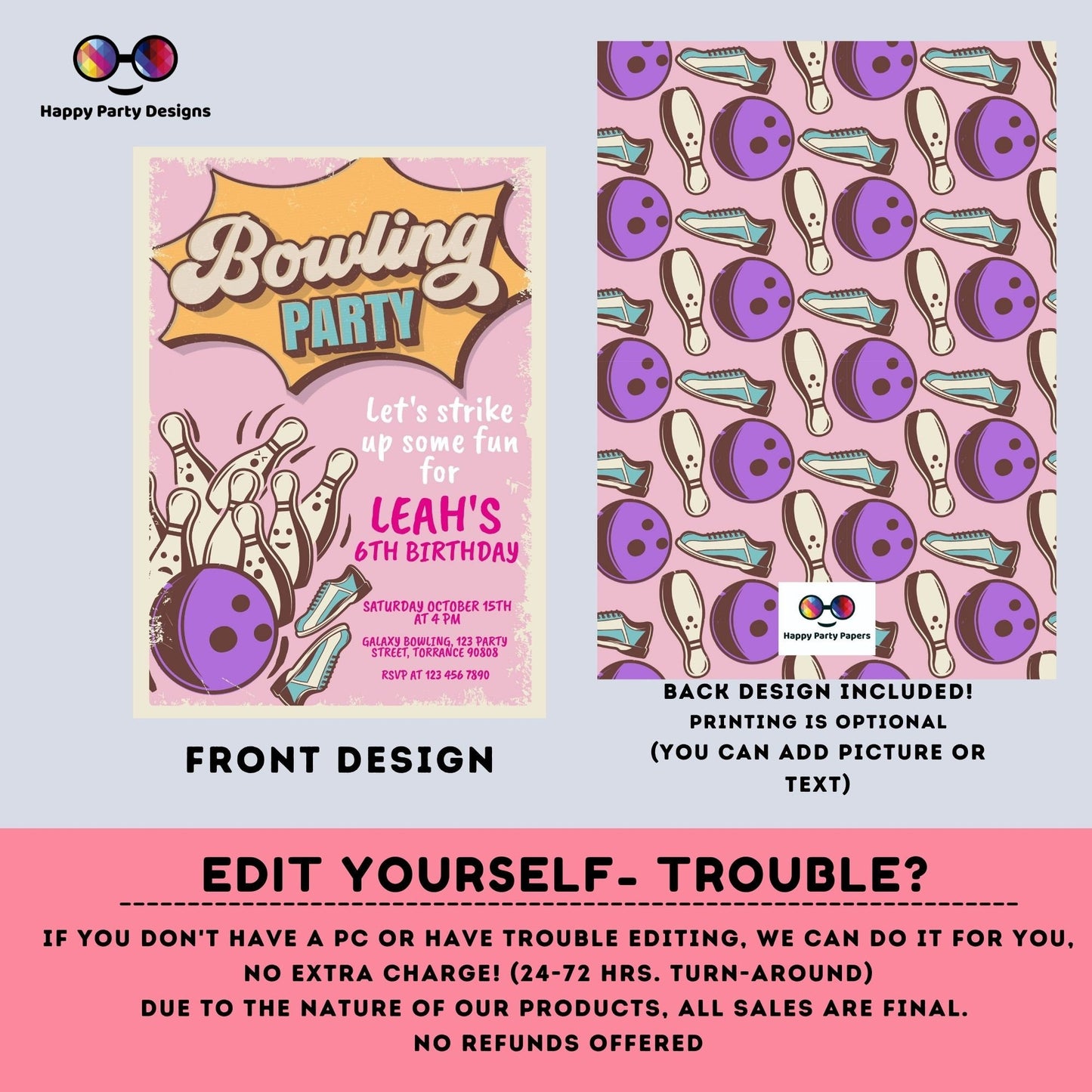 EDITABLE Bowling Birthday girl | Bowling girl Invitation | Birthday girl | Instant Download | Digital | Retro look Party #K224